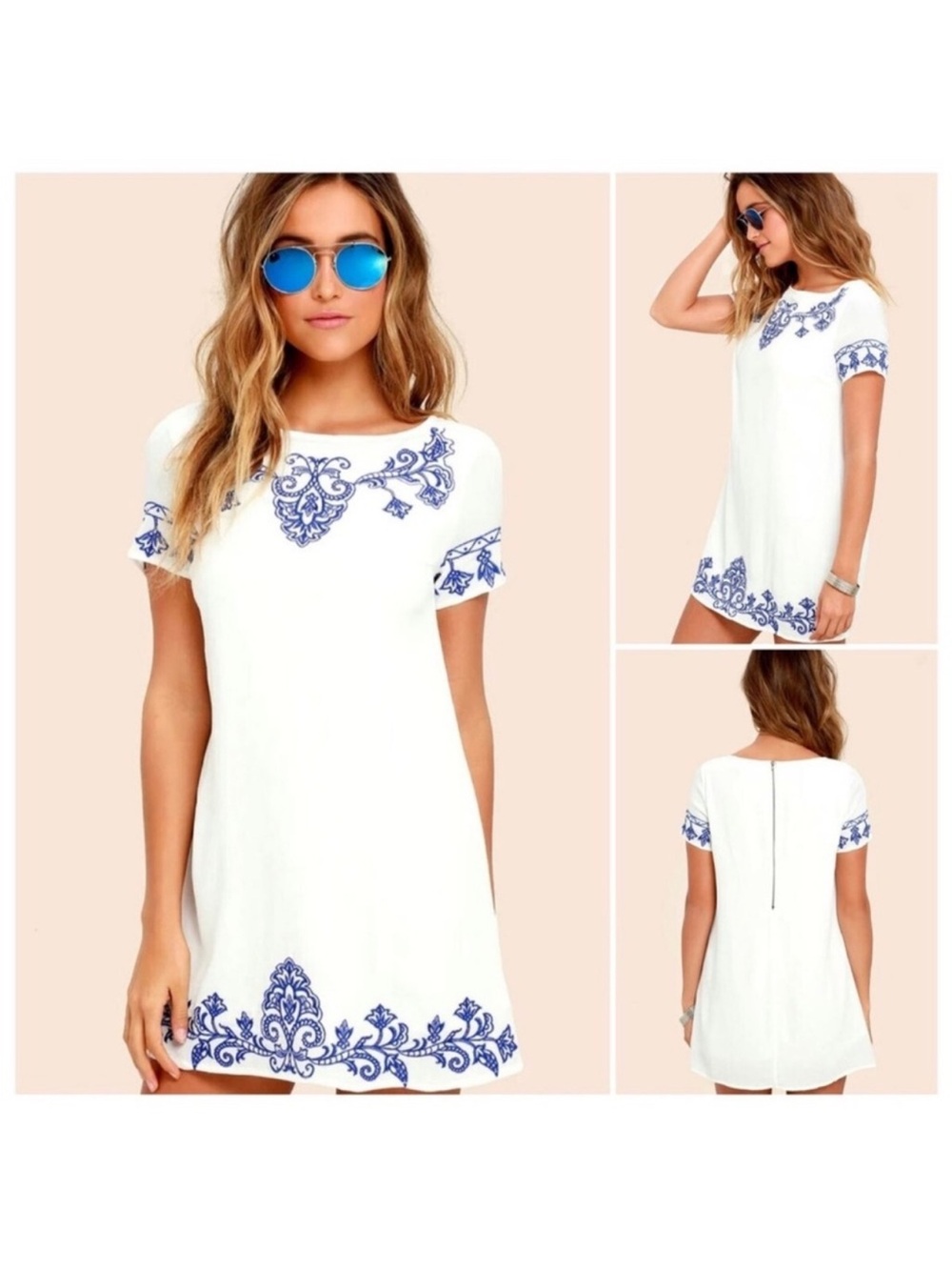 Lulus Tale To Tell Embroidered White Shift Dress with Blue detailing